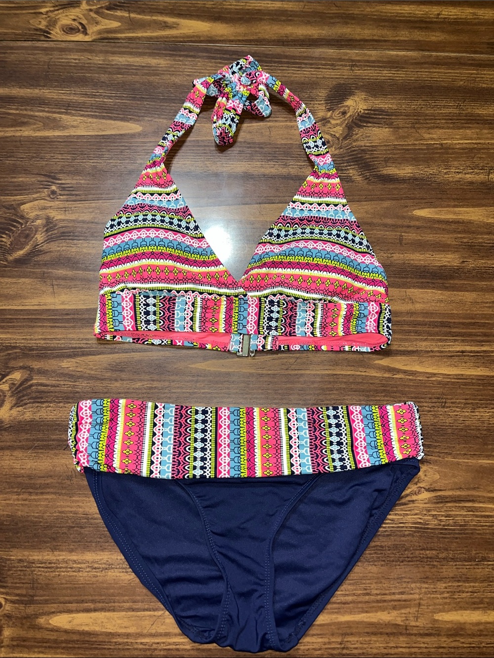 EUC- Like new-Anne Cole Navy Bikini with Pink, White, Blue Tribal Band size- S